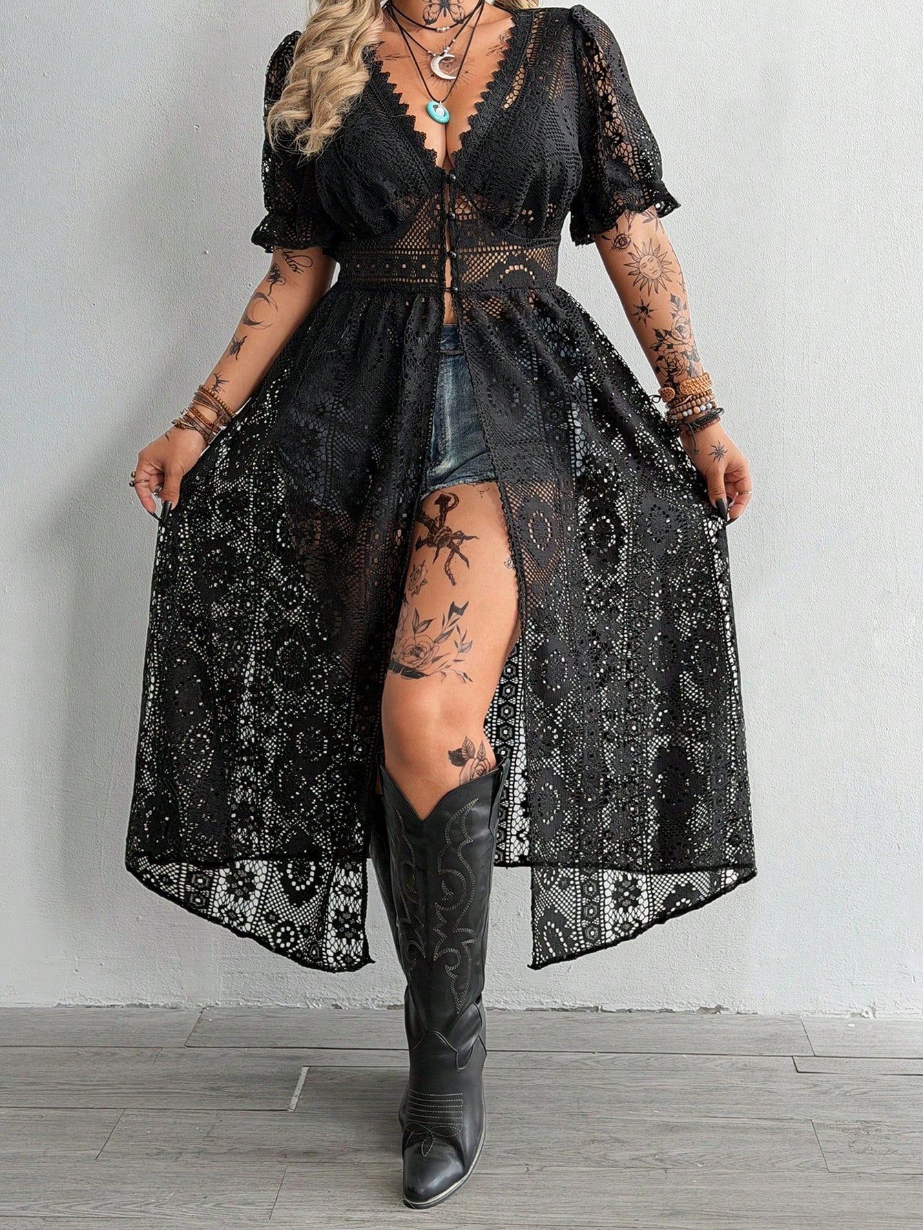Whyspr Plus Size V-Neck Lace Hollow Out Jacquard Short Sleeve Elegant Retro Cute Beach Casual Cinched Waist A-Line Open Front Long Shirt, Black