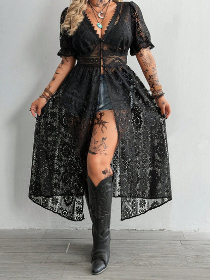 Whyspr Plus Size V-Neck Lace Hollow Out Jacquard Short Sleeve Elegant Retro Cute Beach Casual Cinched Waist A-Line Open Front Long Shirt, Black