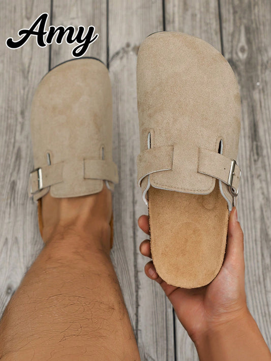Wide Fit Men's Casual Solid Color Slip-On Mule Shoes, Non-Slip Durable PVC Sole, Round Toe Design, Comfortable Fabric Upper, Suitable For All-Season Outdoor Activities