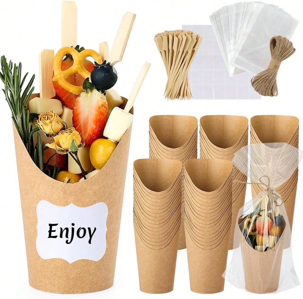Woixiow 50 Sets 12 Oz Charcuterie Cups, 100 Picks + 50 Bags + 50 Labels, Disposable Charcuterie Cups With Sticks And Bags, Brown Paper Snack Cup Disposable French Fry Cup For Parties, Catering