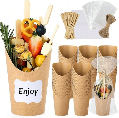 Woixiow 50 Sets 12 Oz Charcuterie Cups, 100 Picks + 50 Bags + 50 Labels, Disposable Charcuterie Cups With Sticks And Bags, Brown Paper Snack Cup Disposable French Fry Cup For Parties, Catering