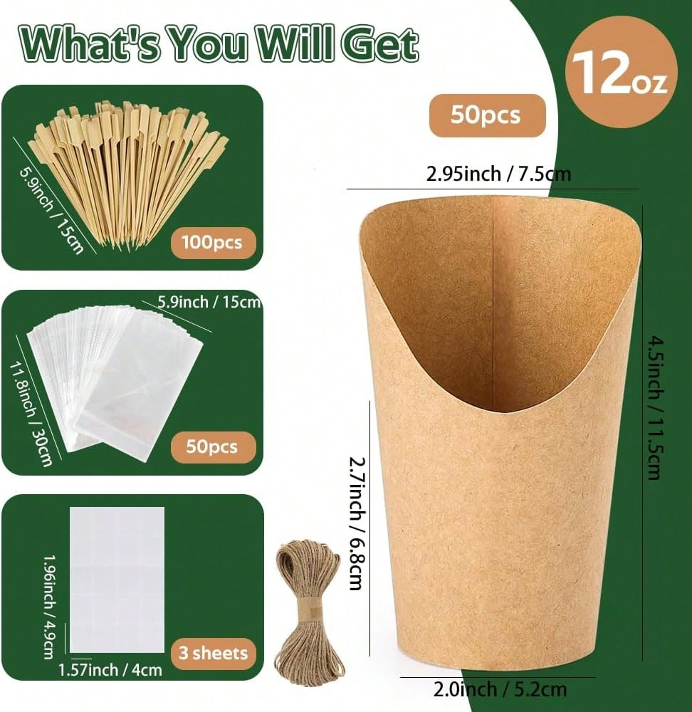 Woixiow 50 Sets 12 Oz Charcuterie Cups, 100 Picks + 50 Bags + 50 Labels, Disposable Charcuterie Cups With Sticks And Bags, Brown Paper Snack Cup Disposable French Fry Cup For Parties, Catering