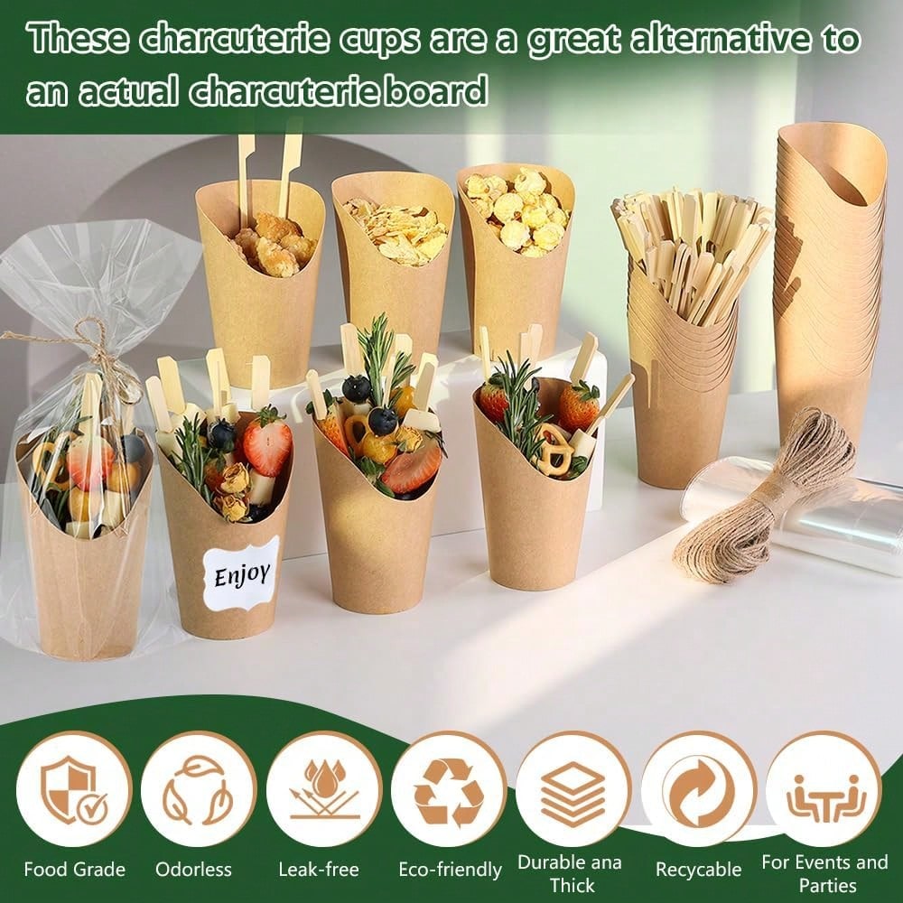 Woixiow 50 Sets 12 Oz Charcuterie Cups, 100 Picks + 50 Bags + 50 Labels, Disposable Charcuterie Cups With Sticks And Bags, Brown Paper Snack Cup Disposable French Fry Cup For Parties, Catering