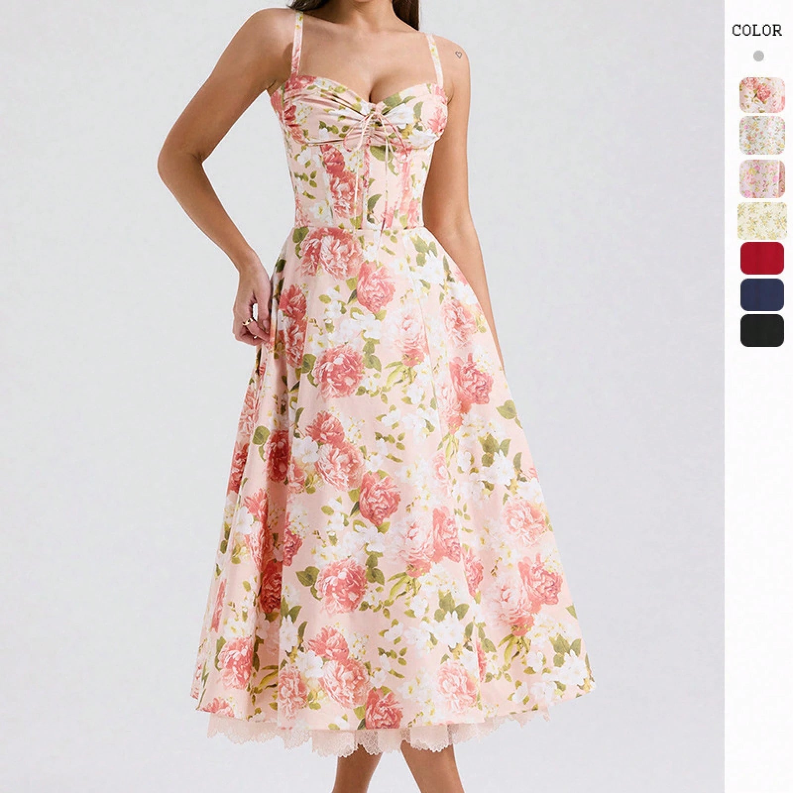 Women Big Floral Print Corset Waist Midi Dress With Sweetheart Neck Bow Front & Lace Hem, Soft Fabric For Garden Brunch And Romantic Dinner Dates
