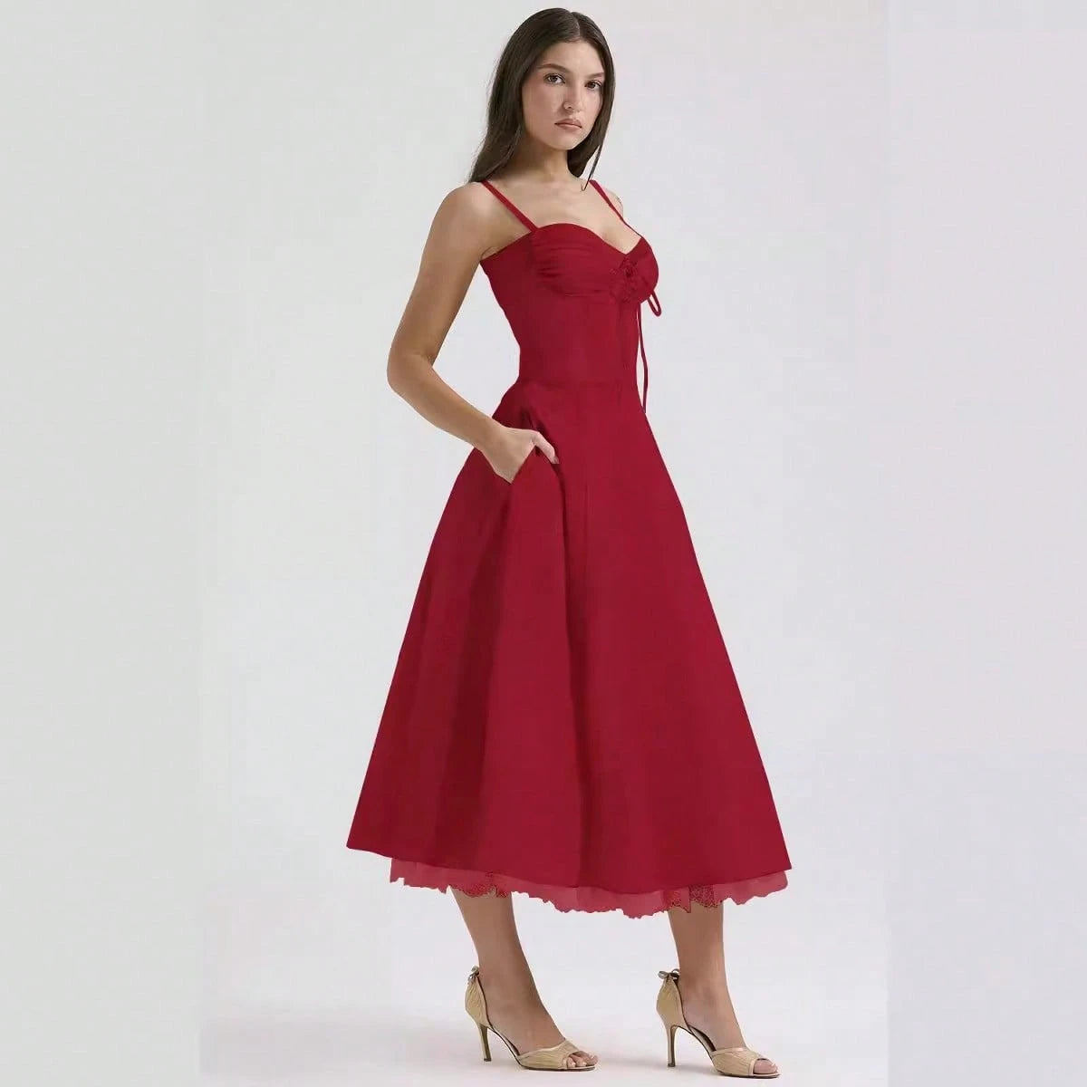 Women Big Floral Print Corset Waist Midi Dress With Sweetheart Neck Bow Front & Lace Hem, Soft Fabric For Garden Brunch And Romantic Dinner Dates