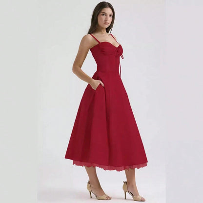 Women Big Floral Print Corset Waist Midi Dress With Sweetheart Neck Bow Front & Lace Hem, Soft Fabric For Garden Brunch And Romantic Dinner Dates
