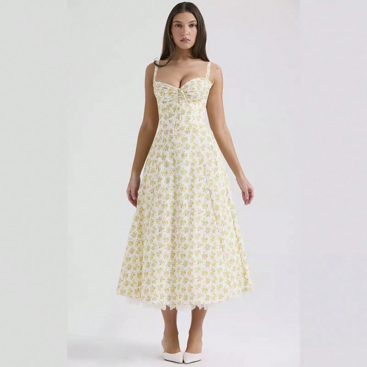 Women Big Floral Print Corset Waist Midi Dress With Sweetheart Neck Bow Front & Lace Hem, Soft Fabric For Garden Brunch And Romantic Dinner Dates