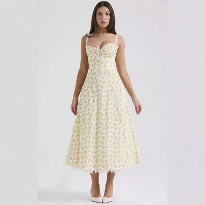 Women Big Floral Print Corset Waist Midi Dress With Sweetheart Neck Bow Front & Lace Hem, Soft Fabric For Garden Brunch And Romantic Dinner Dates
