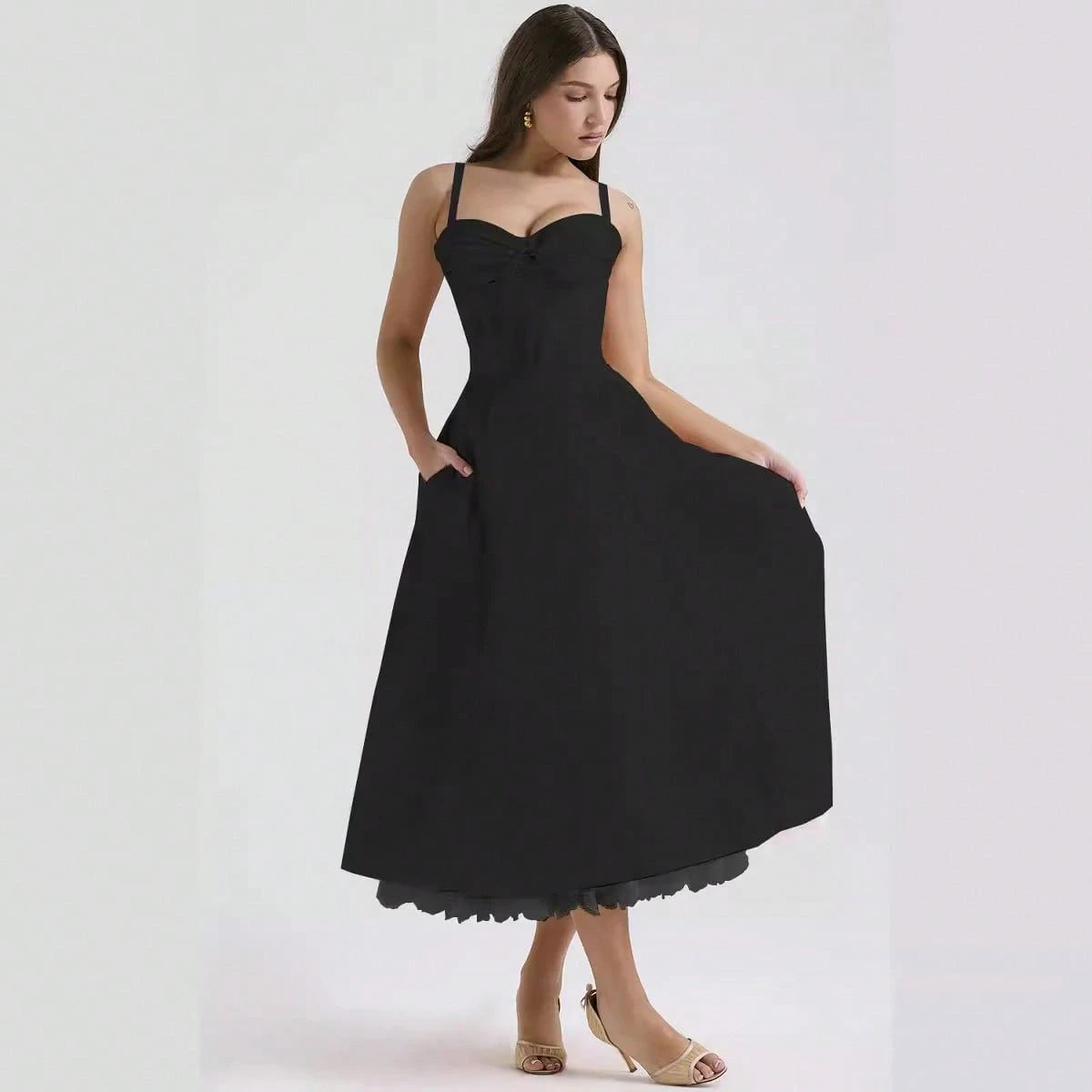 Women Big Floral Print Corset Waist Midi Dress With Sweetheart Neck Bow Front & Lace Hem, Soft Fabric For Garden Brunch And Romantic Dinner Dates