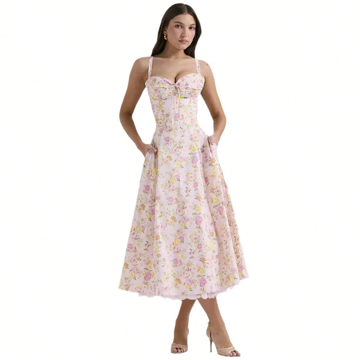 Women Big Floral Print Corset Waist Midi Dress With Sweetheart Neck Bow Front & Lace Hem, Soft Fabric For Garden Brunch And Romantic Dinner Dates