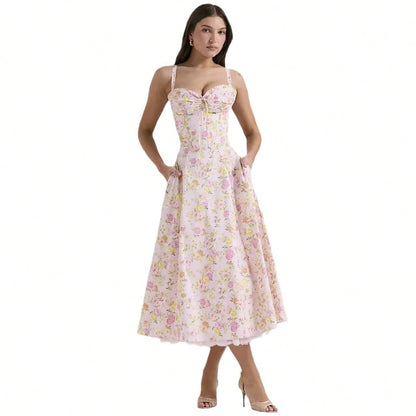 Women Big Floral Print Corset Waist Midi Dress With Sweetheart Neck Bow Front & Lace Hem, Soft Fabric For Garden Brunch And Romantic Dinner Dates