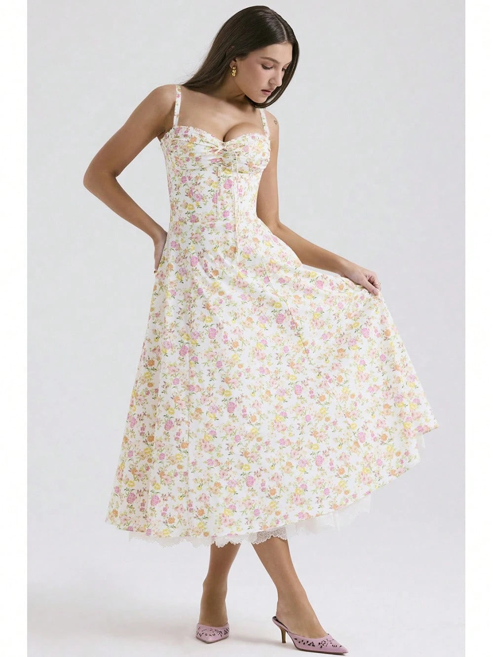 Women Big Floral Print Corset Waist Midi Dress With Sweetheart Neck Bow Front & Lace Hem, Soft Fabric For Garden Brunch And Romantic Dinner Dates