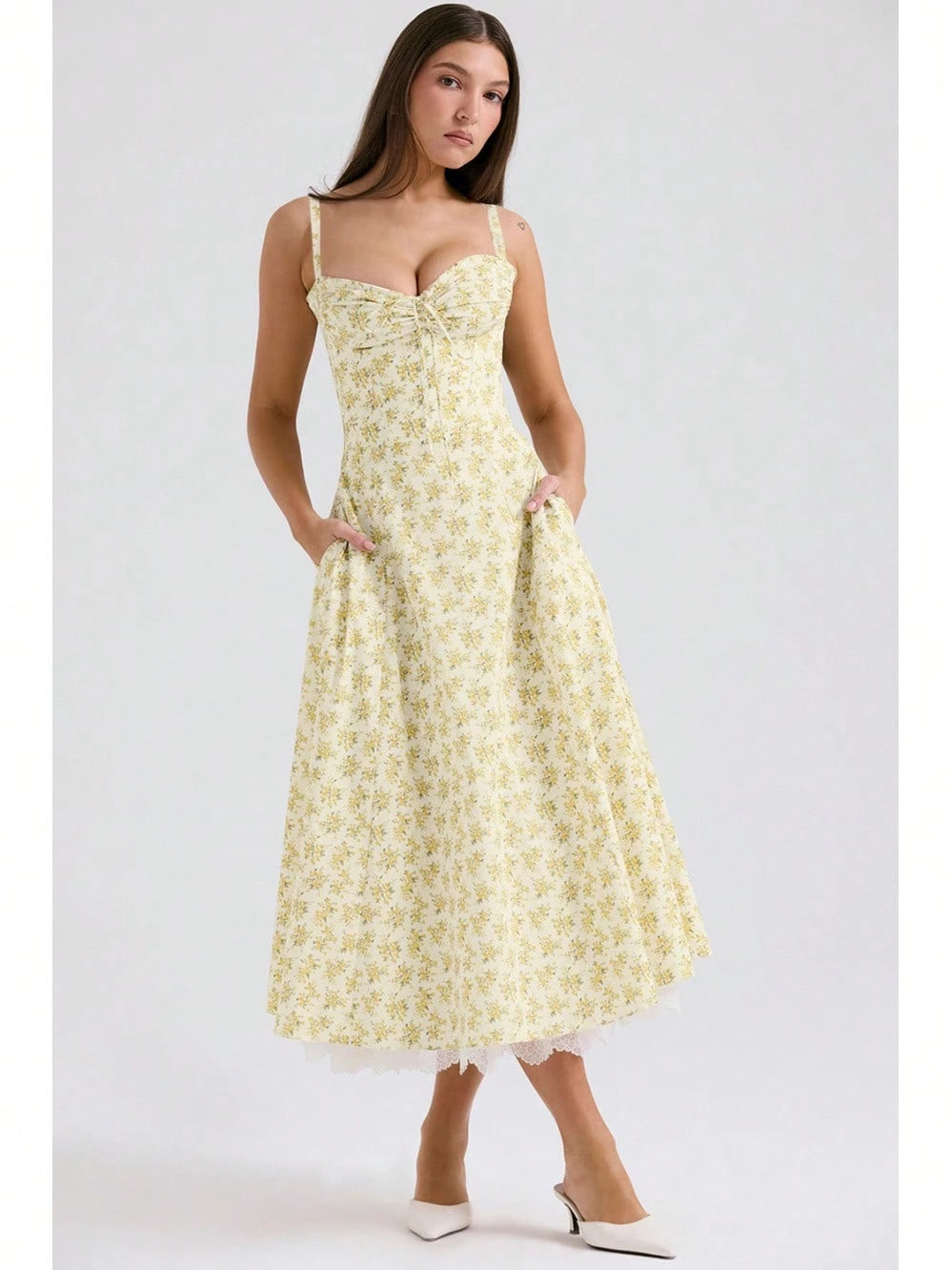 Women Big Floral Print Corset Waist Midi Dress With Sweetheart Neck Bow Front & Lace Hem, Soft Fabric For Garden Brunch And Romantic Dinner Dates
