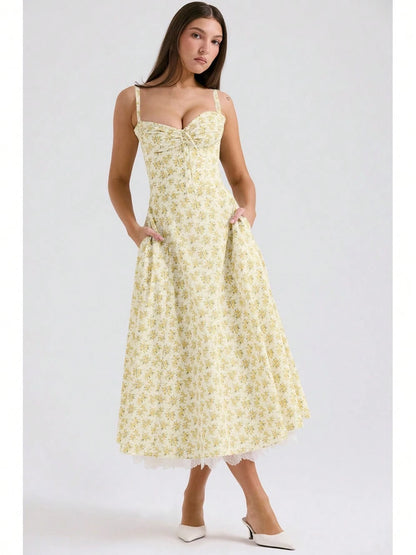 Women Big Floral Print Corset Waist Midi Dress With Sweetheart Neck Bow Front & Lace Hem, Soft Fabric For Garden Brunch And Romantic Dinner Dates