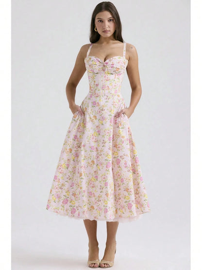 Women Big Floral Print Corset Waist Midi Dress With Sweetheart Neck Bow Front & Lace Hem, Soft Fabric For Garden Brunch And Romantic Dinner Dates