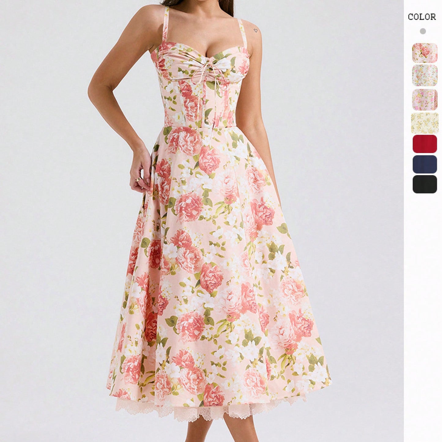 Women Big Floral Print Corset Waist Midi Dress With Sweetheart Neck Bow Front & Lace Hem, Soft Fabric For Garden Brunch And Romantic Dinner Dates