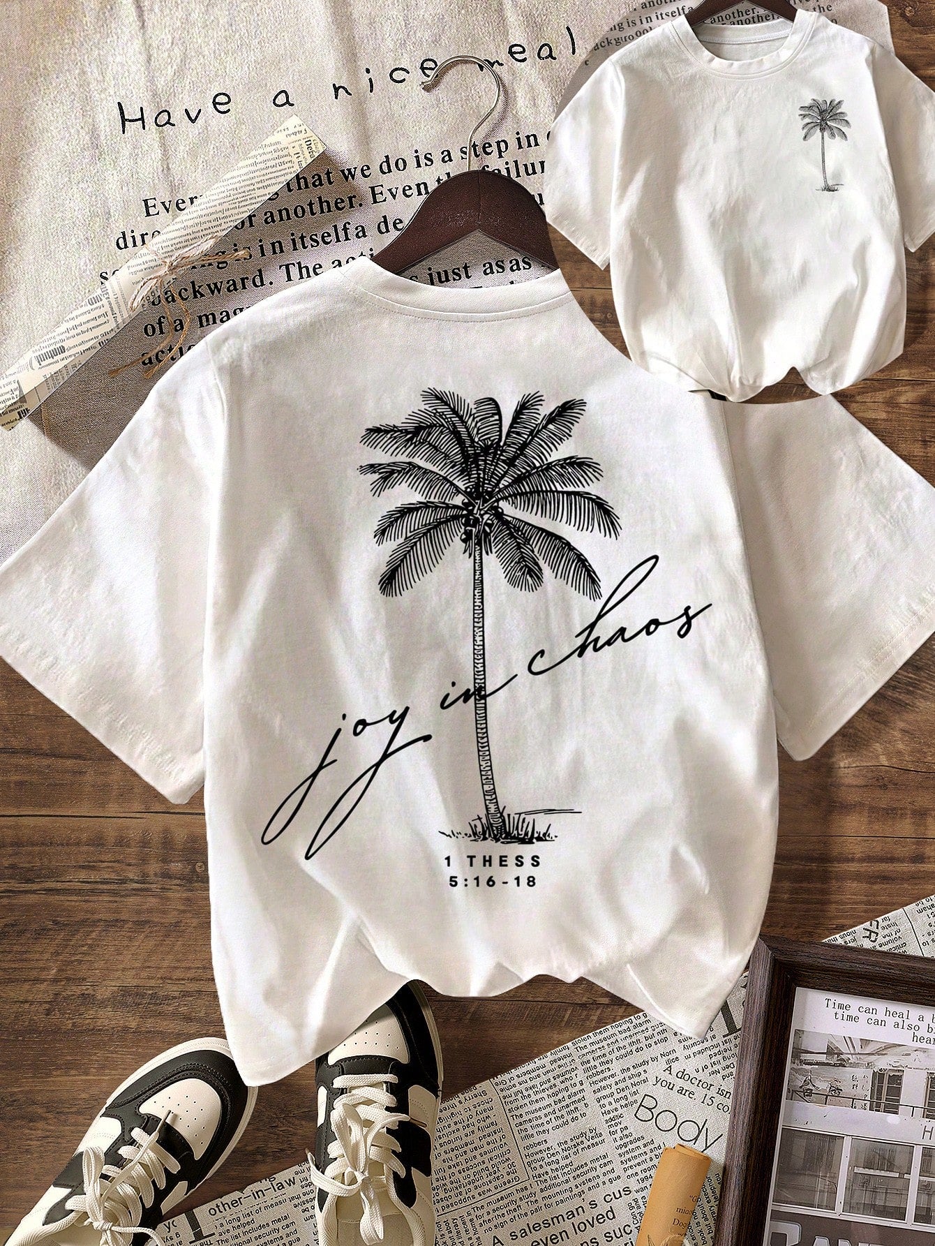 Women Casual Palm Tree Pattern Round Neck Short Sleeve Summer Beach T-Shirt White