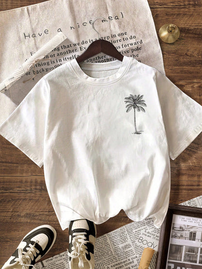 Women Casual Palm Tree Pattern Round Neck Short Sleeve Summer Beach T-Shirt White