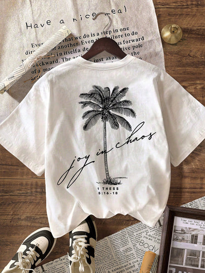 Women Casual Palm Tree Pattern Round Neck Short Sleeve Summer Beach T-Shirt White