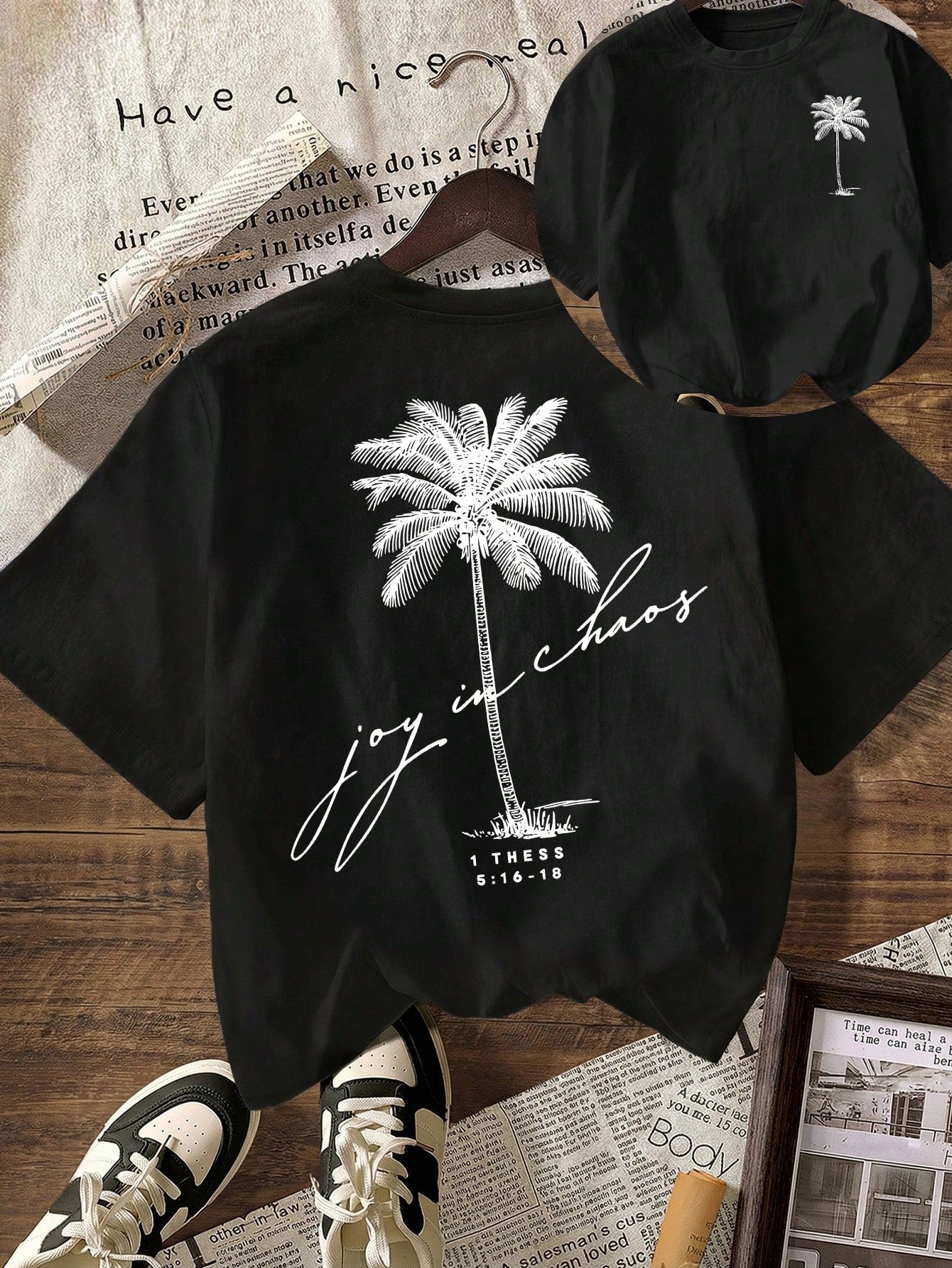 Women Casual Palm Tree Pattern Round Neck Short Sleeve Summer Beach T-Shirt White