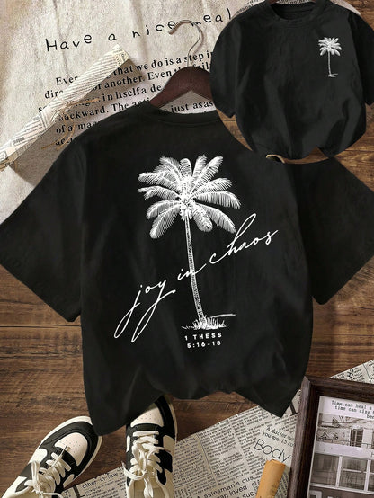 Women Casual Palm Tree Pattern Round Neck Short Sleeve Summer Beach T-Shirt White