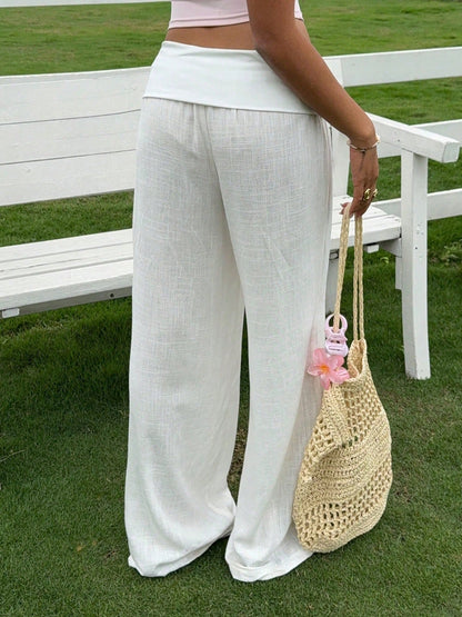 Women Cotton Linen Summer Palazzo Pants Wide Leg Lounge Pants Loose Straight Leg Solid Color Fold Over Low Rise Pants Casual Boho Beach Vacation Trous