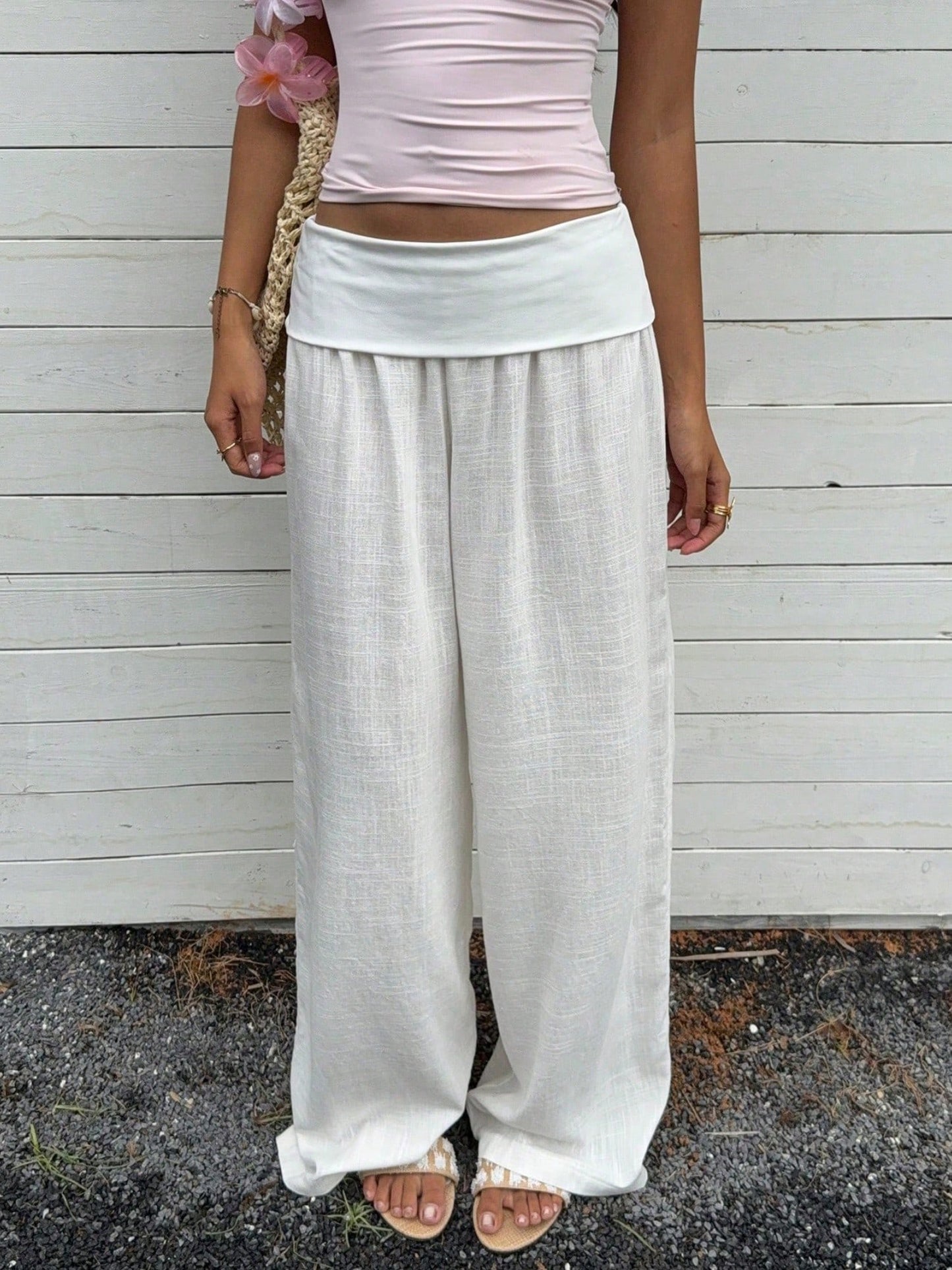 Women Cotton Linen Summer Palazzo Pants Wide Leg Lounge Pants Loose Straight Leg Solid Color Fold Over Low Rise Pants Casual Boho Beach Vacation Trous