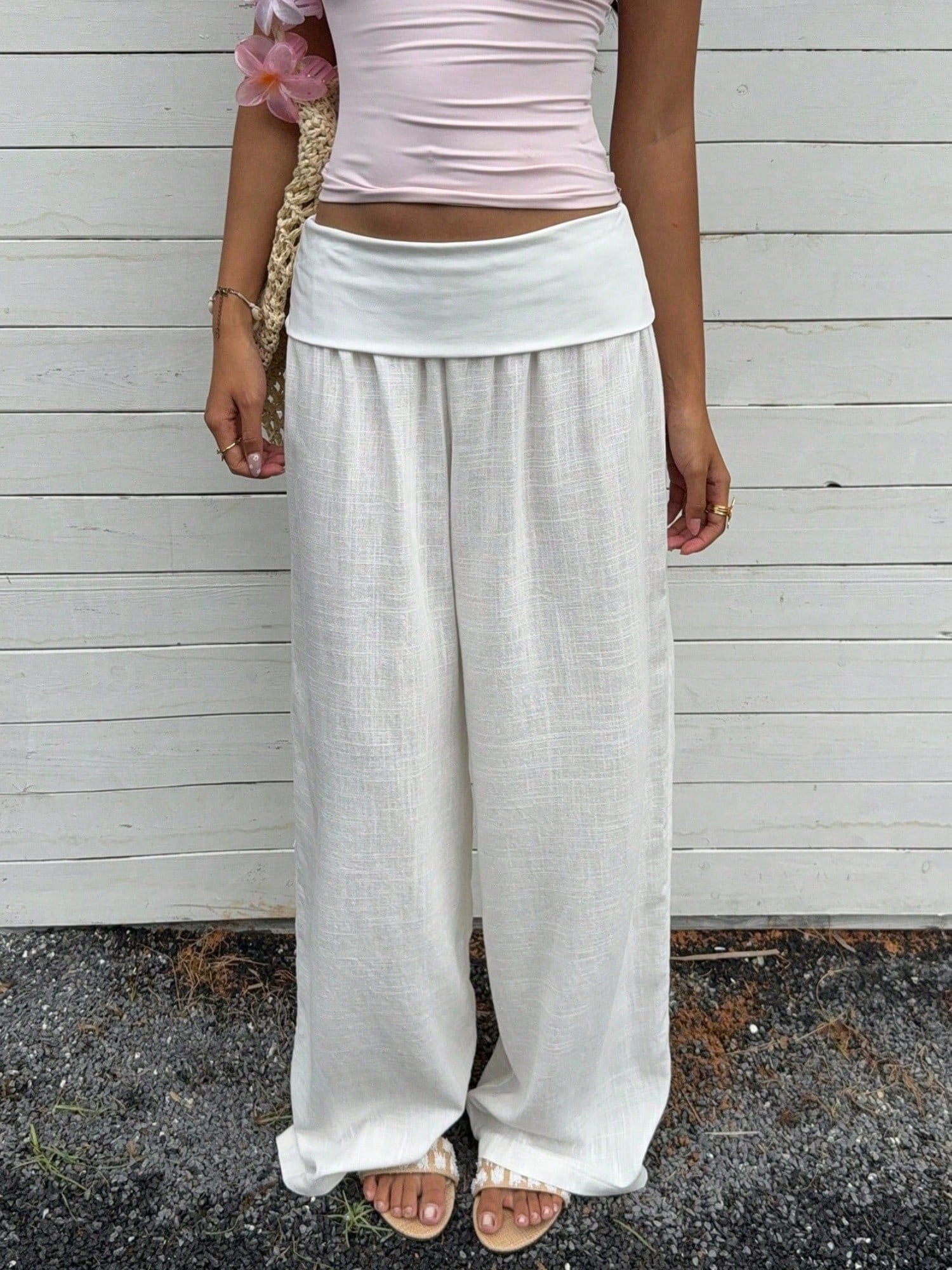 Women Cotton Linen Summer Palazzo Pants Wide Leg Lounge Pants Loose Straight Leg Solid Color Fold Over Low Rise Pants Casual Boho Beach Vacation Trous