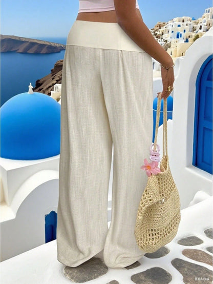 Women Cotton Linen Summer Palazzo Pants Wide Leg Lounge Pants Loose Straight Leg Solid Color Fold Over Low Rise Pants Casual Boho Beach Vacation Trous
