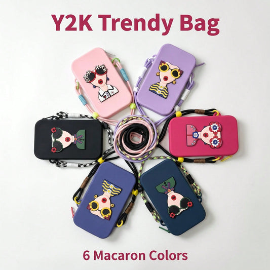 Women Cute Cartoon Lady Print Silicone Crossbody Phone Bag, Adjustable Long Lanyard Zipper Mini Cell Phone Purse, Dopamine Color Portable Shoulder Wallet For Daily Travel