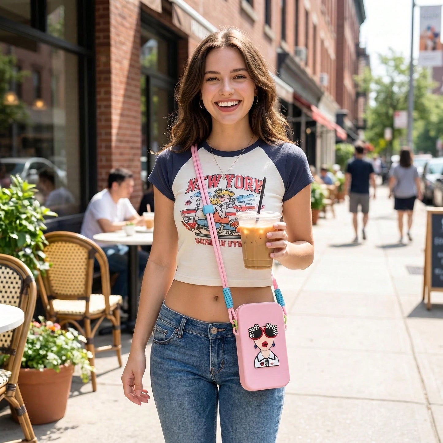 Women Cute Cartoon Lady Print Silicone Crossbody Phone Bag, Adjustable Long Lanyard Zipper Mini Cell Phone Purse, Dopamine Color Portable Shoulder Wallet For Daily Travel