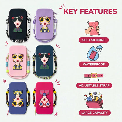 Women Cute Cartoon Lady Print Silicone Crossbody Phone Bag, Adjustable Long Lanyard Zipper Mini Cell Phone Purse, Dopamine Color Portable Shoulder Wallet For Daily Travel