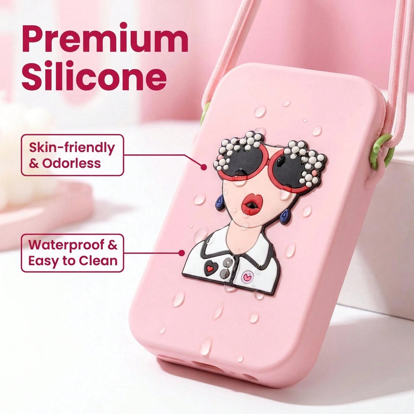 Women Cute Cartoon Lady Print Silicone Crossbody Phone Bag, Adjustable Long Lanyard Zipper Mini Cell Phone Purse, Dopamine Color Portable Shoulder Wallet For Daily Travel