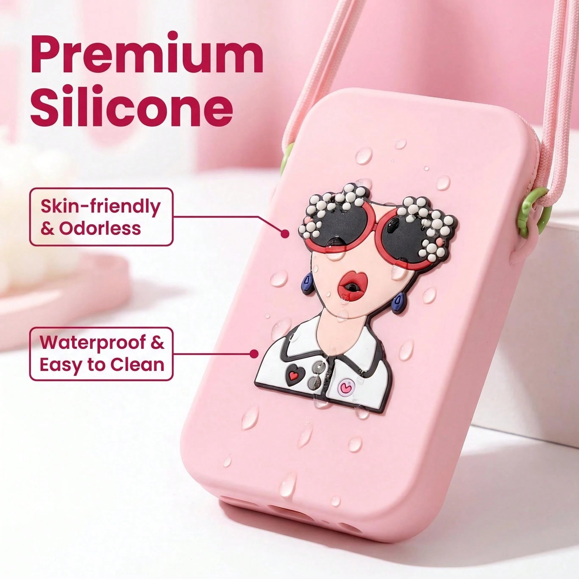 Women Cute Cartoon Lady Print Silicone Crossbody Phone Bag, Adjustable Long Lanyard Zipper Mini Cell Phone Purse, Dopamine Color Portable Shoulder Wallet For Daily Travel