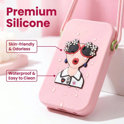 Women Cute Cartoon Lady Print Silicone Crossbody Phone Bag, Adjustable Long Lanyard Zipper Mini Cell Phone Purse, Dopamine Color Portable Shoulder Wallet For Daily Travel
