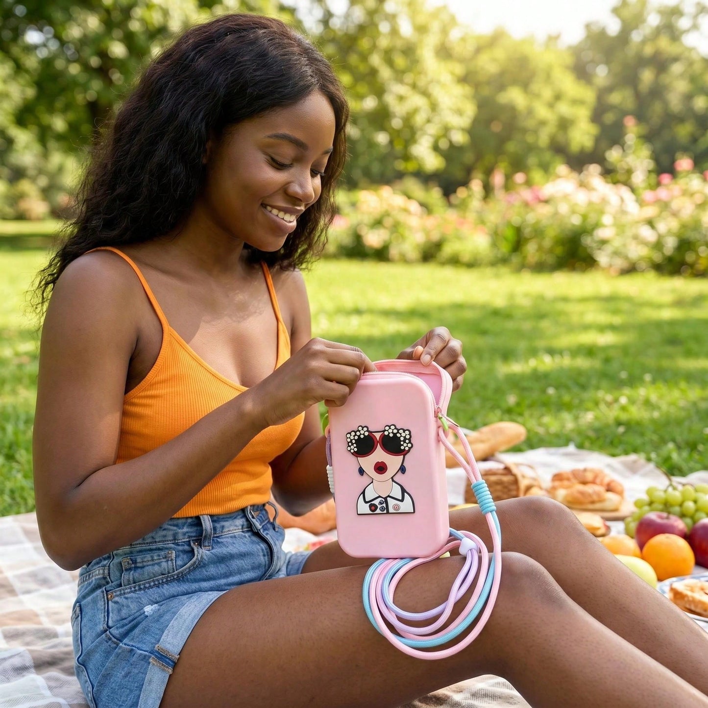 Women Cute Cartoon Lady Print Silicone Crossbody Phone Bag, Adjustable Long Lanyard Zipper Mini Cell Phone Purse, Dopamine Color Portable Shoulder Wallet For Daily Travel