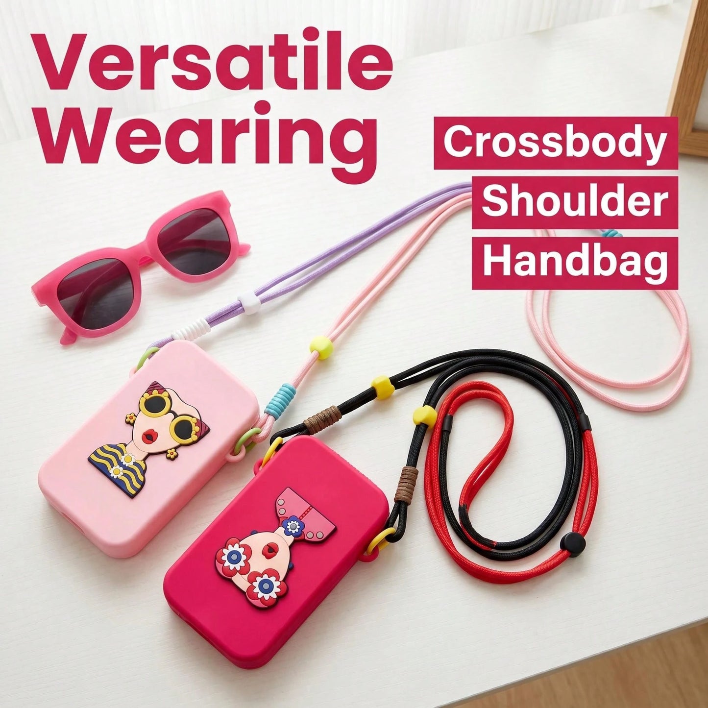Women Cute Cartoon Lady Print Silicone Crossbody Phone Bag, Adjustable Long Lanyard Zipper Mini Cell Phone Purse, Dopamine Color Portable Shoulder Wallet For Daily Travel