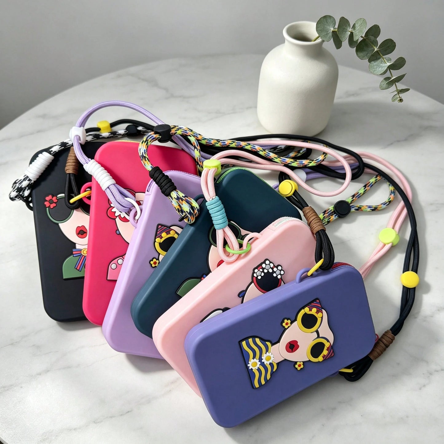 Women Cute Cartoon Lady Print Silicone Crossbody Phone Bag, Adjustable Long Lanyard Zipper Mini Cell Phone Purse, Dopamine Color Portable Shoulder Wallet For Daily Travel
