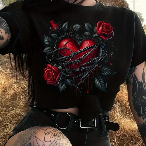 Women Gothic Rose T-Shirt With Batwing Sleeves Thorn Rose Print Black Red Round Neck Short Sleeve Top Medium