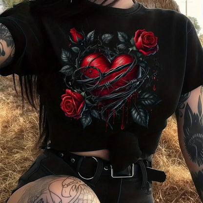 Women Gothic Rose T-Shirt With Batwing Sleeves Thorn Rose Print Black Red Round Neck Short Sleeve Top Medium