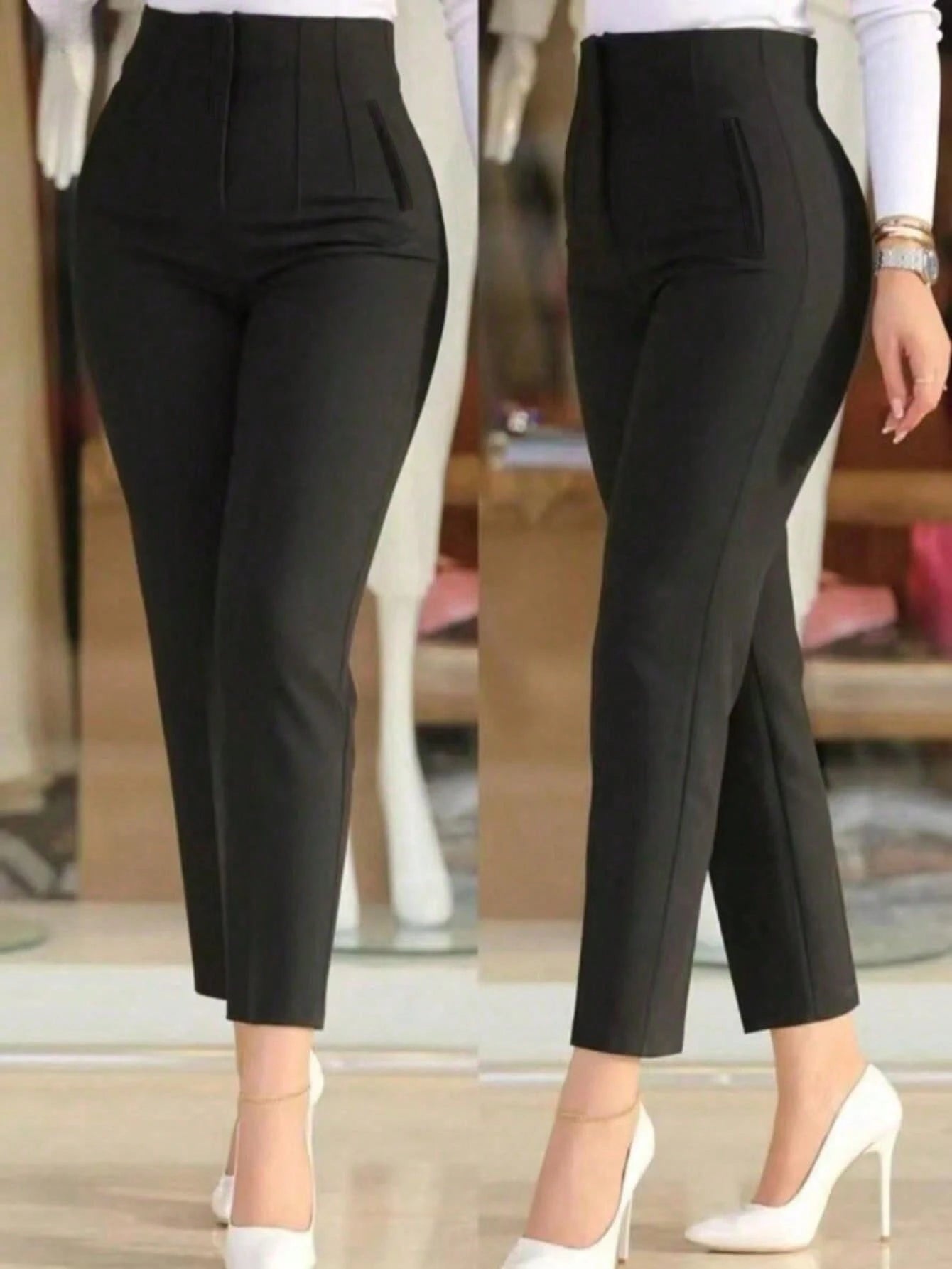 Women's Autumn Waist-Cinching Slim Fit Ankle-Length Commuter Pants, Office Black