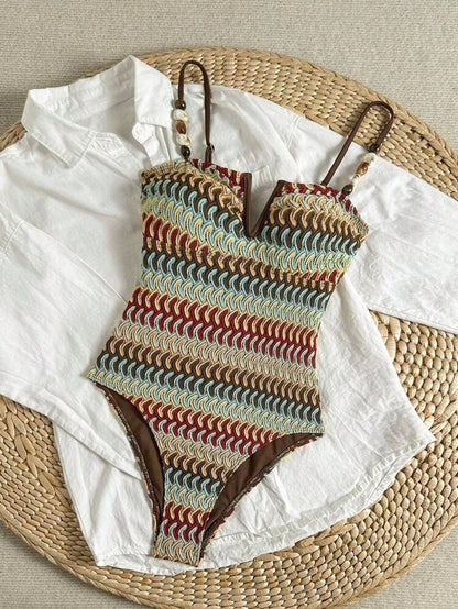 Women's Beach Outfit, Textured Knit Fabric, Contrast Color Beaded Decor, V-Neck, Fashionable Casual Resort Sexy One-Piece Swimsuit