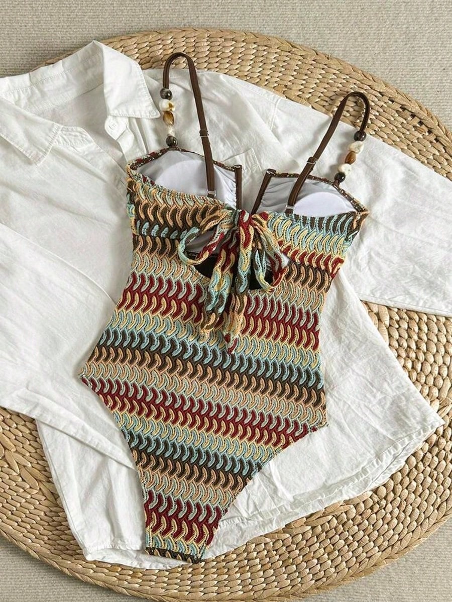 Women's Beach Outfit, Textured Knit Fabric, Contrast Color Beaded Decor, V-Neck, Fashionable Casual Resort Sexy One-Piece Swimsuit