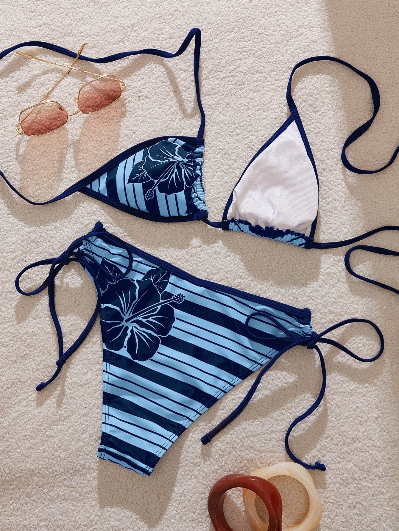 Women's Bikini Swimwear, Retro Striped Cute Hibiscus Print Swimwear Set/Y2K Style/Beach Vacation Outfit Summer, Resort Wear