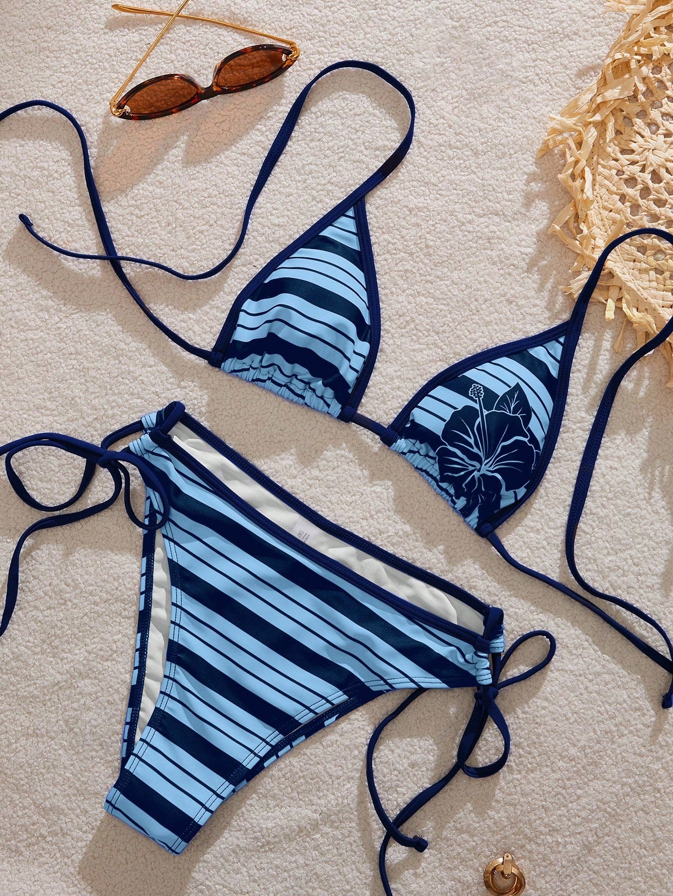Women's Bikini Swimwear, Retro Striped Cute Hibiscus Print Swimwear Set/Y2K Style/Beach Vacation Outfit Summer, Resort Wear
