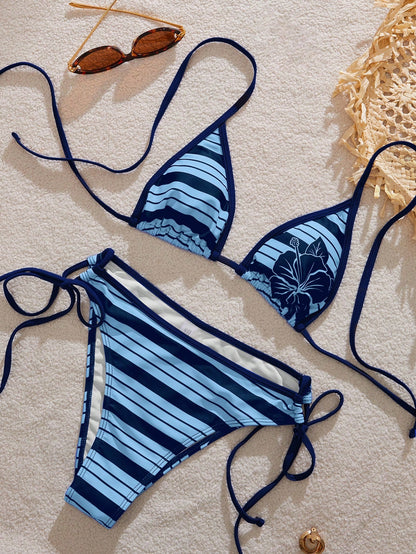 Women's Bikini Swimwear, Retro Striped Cute Hibiscus Print Swimwear Set/Y2K Style/Beach Vacation Outfit Summer, Resort Wear