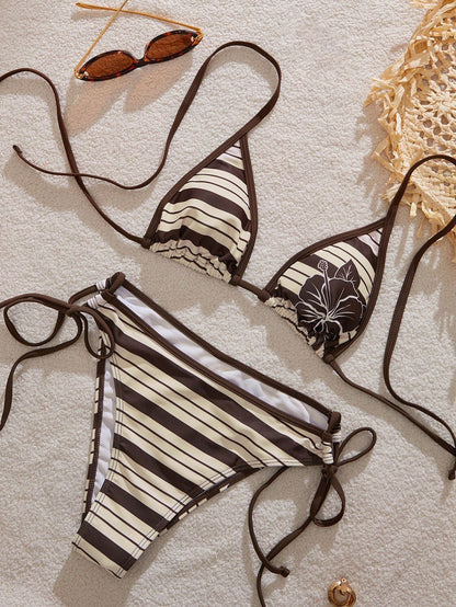 Women's Bikini Swimwear, Retro Striped Cute Hibiscus Print Swimwear Set/Y2K Style/Beach Vacation Outfit Summer, Resort Wear