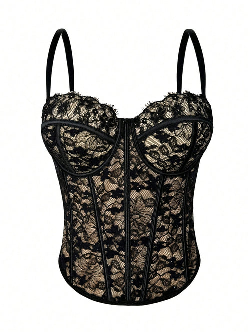 Women's Black Lace Floral Trim Bustier Corset Shapewear Casual Summer, Y2K Aesthetic