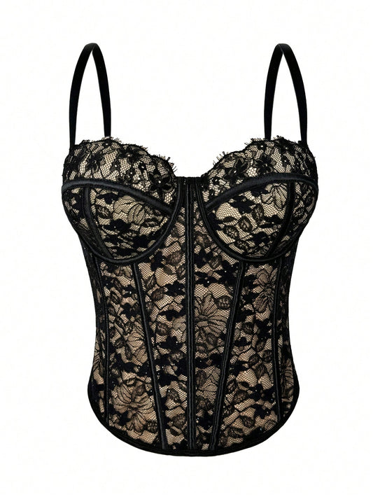 Women's Black Lace Floral Trim Bustier Corset Shapewear Casual Summer, Y2K Aesthetic