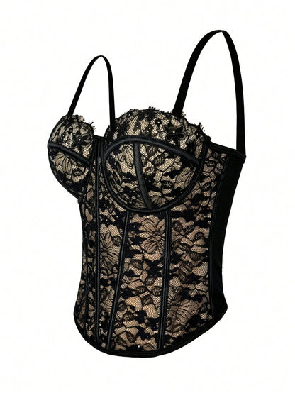 Women's Black Lace Floral Trim Bustier Corset Shapewear Casual Summer, Y2K Aesthetic